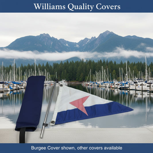 Marina with boats and mountains in the background, featuring a Williams Quality Covers burgee cover.