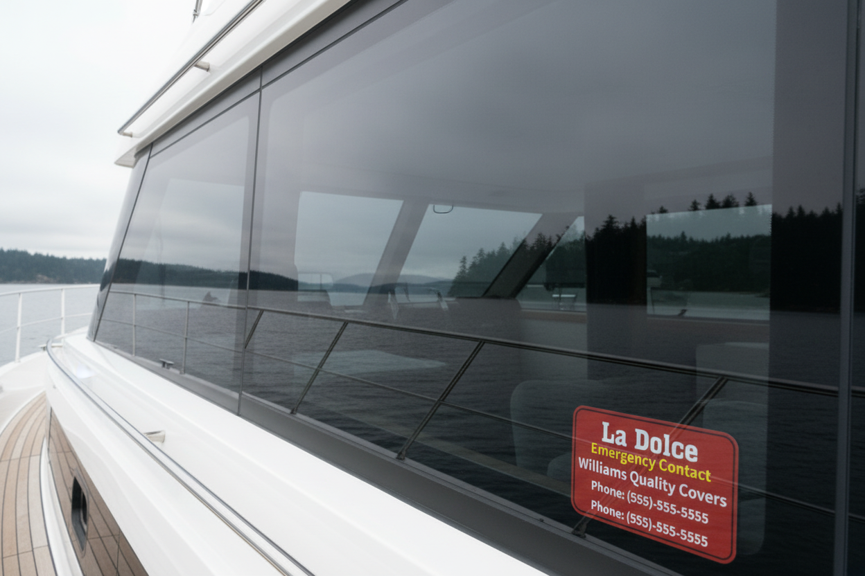 Red sign with 'La Dolce' and emergency contact information for Williams Quality Covers.