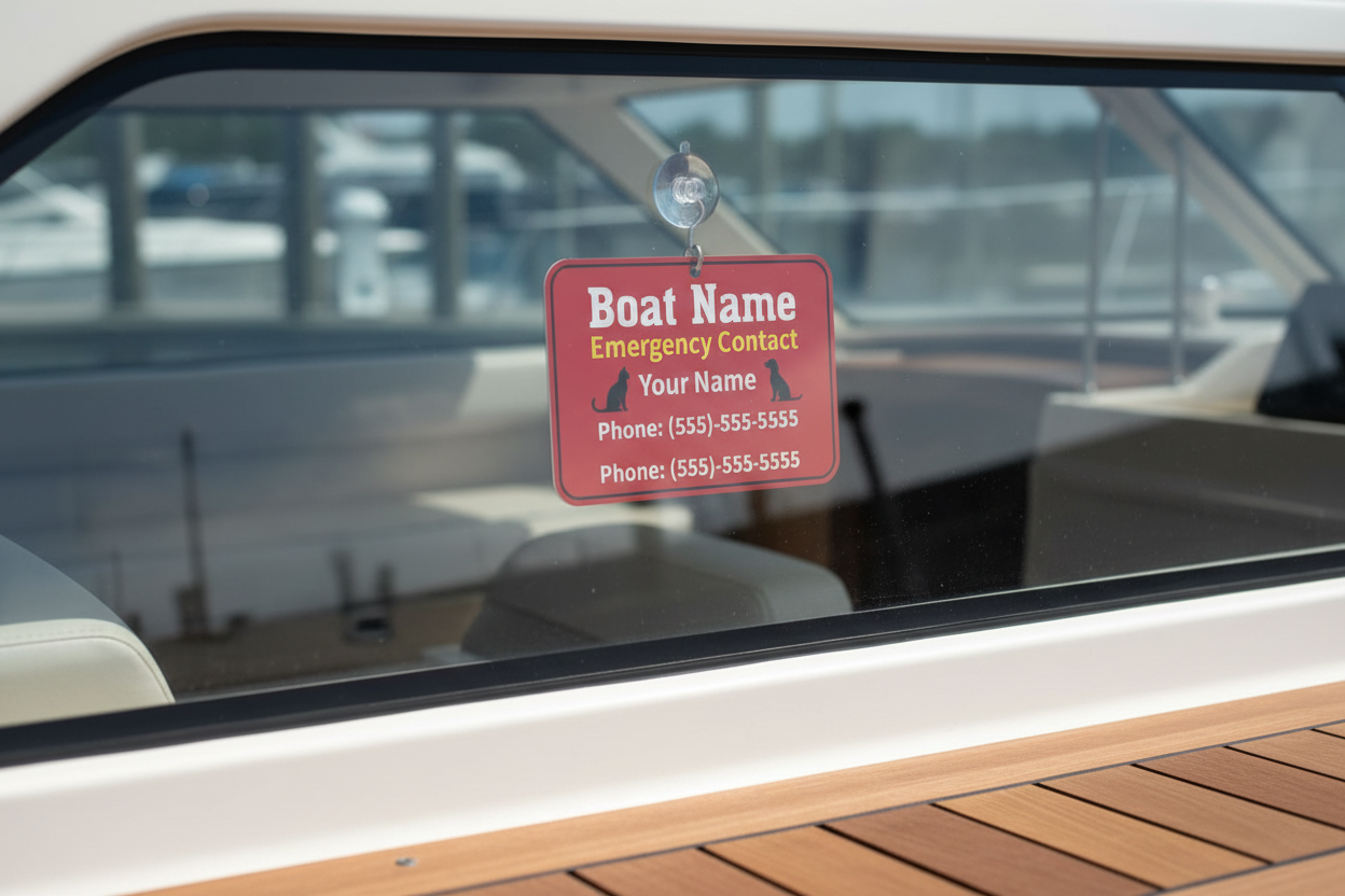 Emergency Boat Contact Tag with Pet Onboard Notification - UV Resistant Marine ID Plate - Safety First