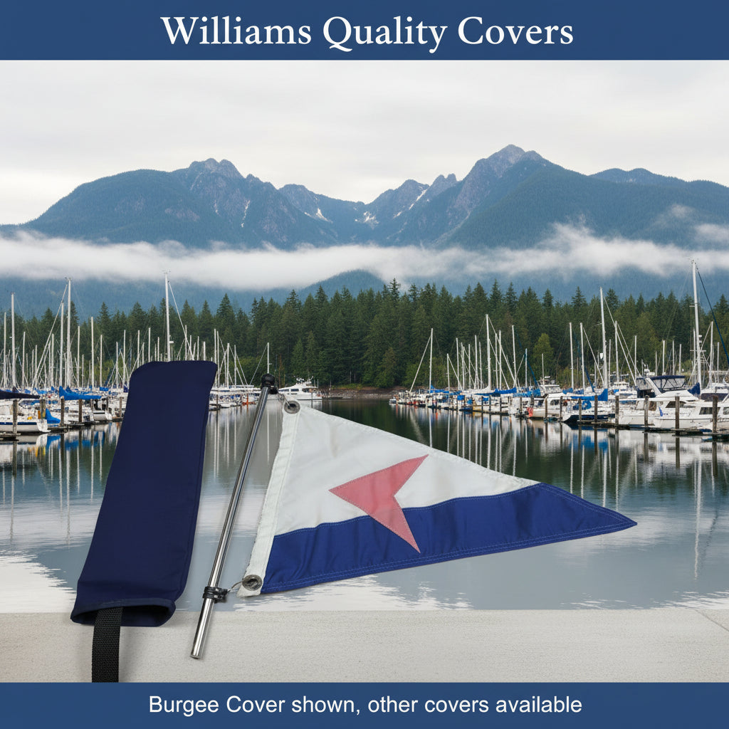 Marina with boats and mountains in the background, featuring a Williams Quality Covers burgee cover.